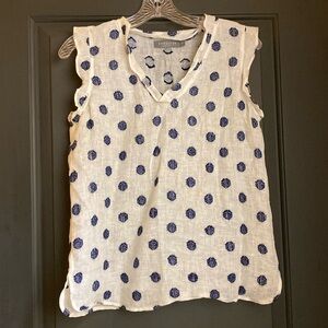 209wst38 White w Blue Polkadots Linen Top